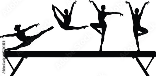 Gymnast silhouettes balance beam poses jumps flexibility strength flat vector