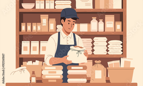 Small shop worker packaging goods