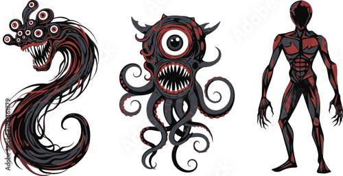 Stylized monstrous fantasy creatures illustration, surreal horror concept art with serpentine tendrils, cyclopean octopus monster, humanoid alien demon, eerie nightmare design