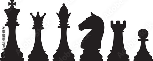 Set of chess vector icons. Black silhouette with chess. King, queen, pawn, horse and rook