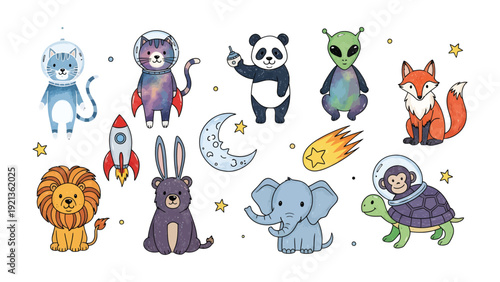 Cosmic Creatures: A whimsical illustration showcasing a variety of adorable animals, each dressed in space-themed attire or representing celestial elements, creating a fantastical scene.