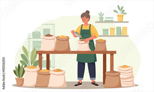 A woman packing grains into a sack at an organic grocery store