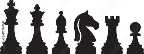 Set of chess vector icons. Black silhouette with chess. King, queen, pawn, horse and rook
