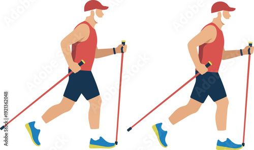 A minimalist illustration of a middle-aged caucasian man performing Nordic walking on a white background