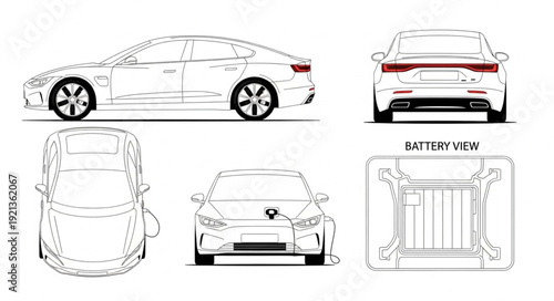 Car Technical Drawing Multiple Views.