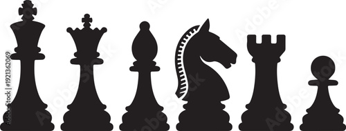 Set of chess vector icons. Black silhouette with chess. King, queen, pawn, horse and rook
