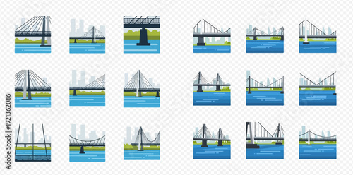 A diverse collection of bridge designs and architectural styles as flat vector icons.