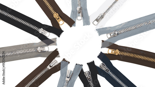 Assorted zipper vector illustration, radial arrangement of metal and nylon zippers, open and closed sliders, fashion accessory elements for sewing, garment repair, product design