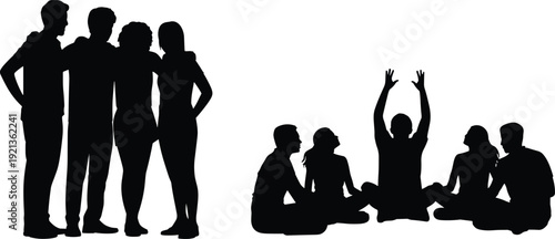 Group dynamics teamwork community circle standing sitting silhouette flat vector