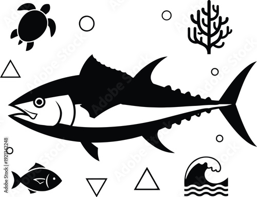 Tuna icon with sea animals and geometric shapes in black and white style. World tuna day