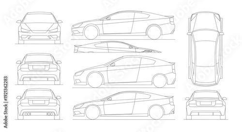 Car Technical Drawings Multiple Views.