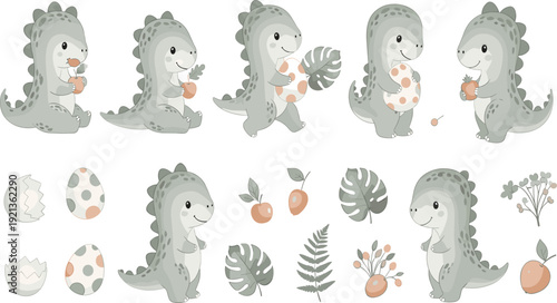 Cute baby dinosaur cartoon collection with eggs tropical leaves and fruits for nursery print kids design vector illustration set.