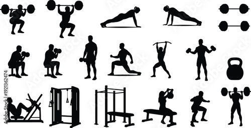 Gym workout silhouette fitness equipment strength training exercise flat vector