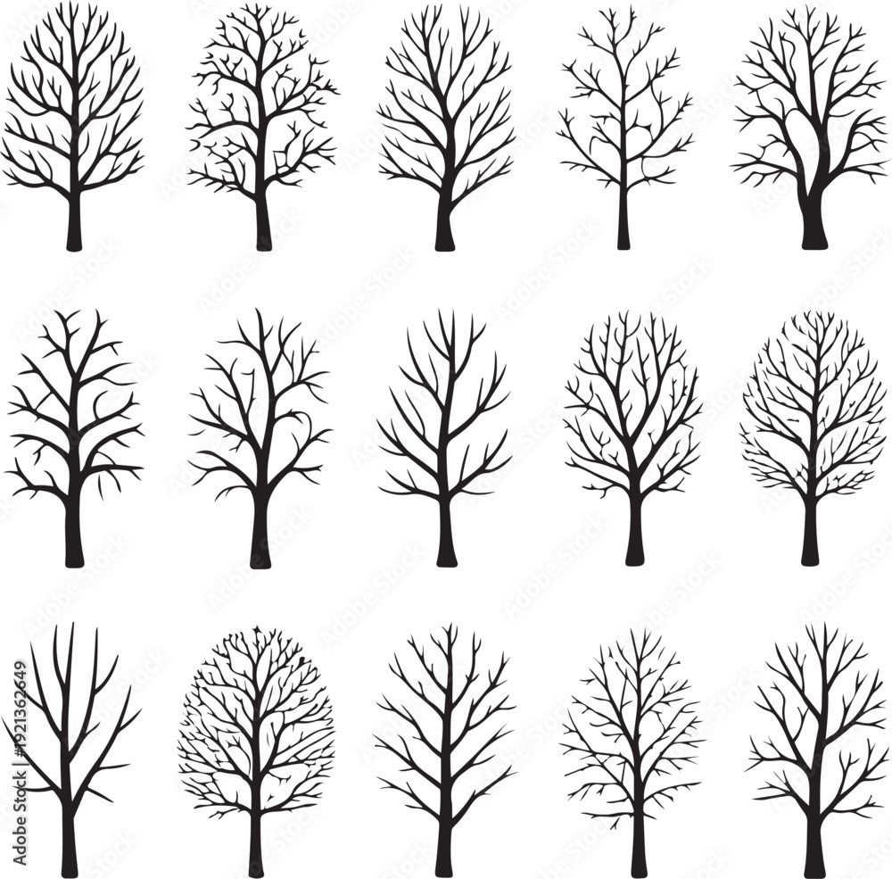 Obraz premium Set of dead tree silhouettes isolated on white background. Simple naked trees vector illustration