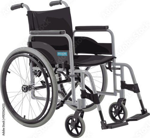 Modern manual wheelchair vector illustration, isolated mobility aid equipment, medical rehabilitation chair with large rear wheels, disability healthcare concept, accessible lifestyle support device