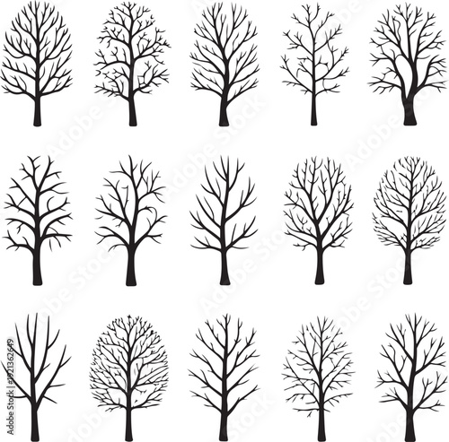 Set of dead tree silhouettes isolated on white background. Simple naked trees vector illustration