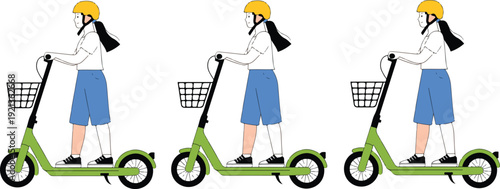 A minimalist illustration of a young woman riding a green electric scooter against a white background.
