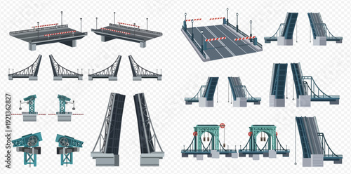 Set of isolated drawbridge icons with open and closed mechanisms for transportation.