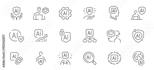 Artificial intelligence line icons set with security, analytics, automation and human interaction concepts