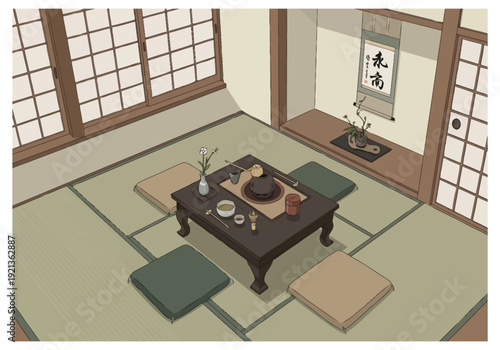 Traditional Japanese Tatami Room Interior With Tea Set Arranged On Floor Table And Shoji Screens icons interior design architecture overhead view