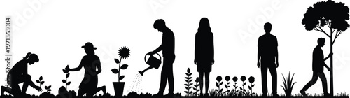 Gardening plant care silhouettes flat vector, people lifestyle environment growth sustainability nature scene