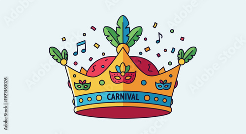 Vibrant carnival crown with colorful feathers and confetti on light blue background for festive party decoration