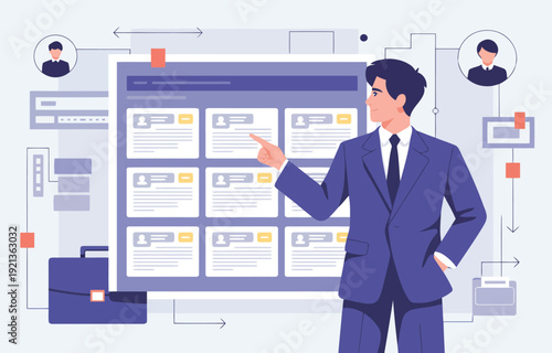 Business executive pointing at digital database of candidate profiles on interface