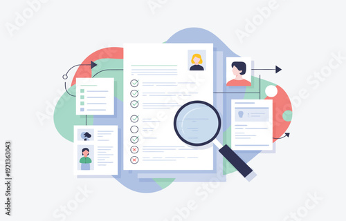 Magnifying glass over employee resumes with checkboxes and profile photos graphics