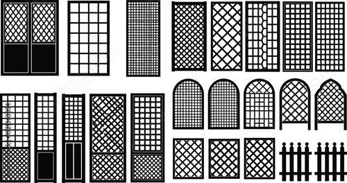 Black vector silhouette set of various wooden garden lattice panels trellis designs and picket fence sections for backyard privacy landscaping and outdoor branding
