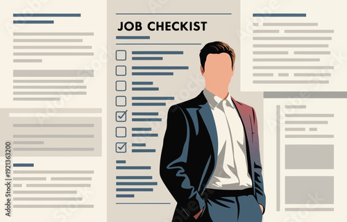 Professional businessman standing in front of large employment job checklist form