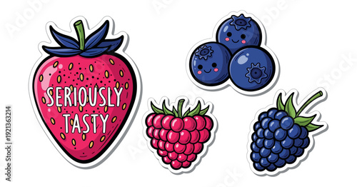 A stickers illustration of fresh berries, including a large strawberry with the phrase seriously tasty, blueberries, raspberries, and blackberries, on a white background. 