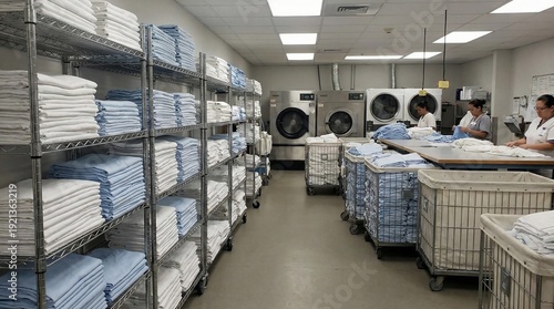 Organized industrial laundry room with shelves of clean folded linens and workers.