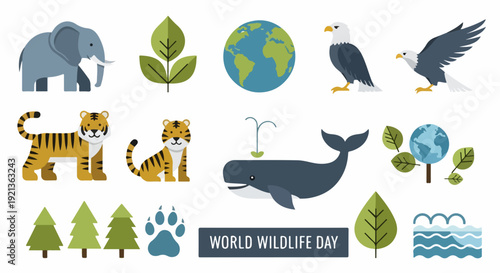 World wildlife day icons with animals and earth symbols eco friendly graphics for conservation and sustainability