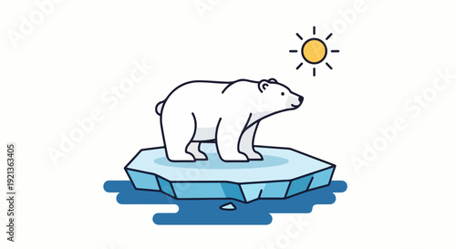 Polar bear standing on melting iceberg under sunny sky symbolizing climate change and global warming effects on arctic habitat and ecosystem