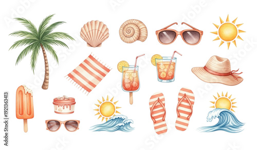 Warm Pastel Watercolor Summer Elements – Tropical Beach Clipart Set