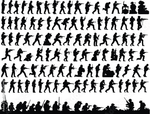 Flat vector soldier silhouettes, combat poses, tactical military illustration collection