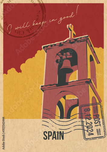 Spain Bell Tower Attraction Postcard, Medieval Church Popular Place Illustration, Vector Template Retro Style Greeting Card. Vintage Colors, Aged Paper Texture