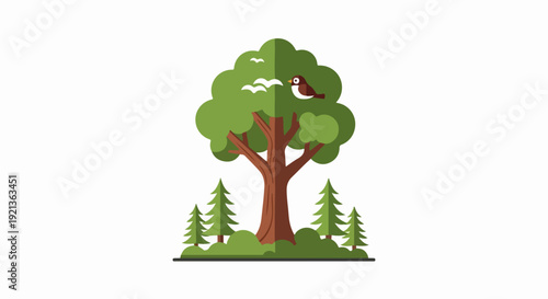 Serene landscape illustration featuring a majestic tree with lush green foliage and smaller trees in the background symbolizing nature and tranquility