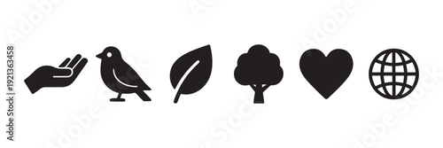 A sequence of black icons representing environmental concepts, nature, and global conservation efforts on a white background Vector