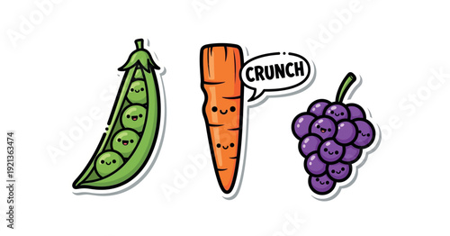 A stickers cartoon illustration of healthy snacks, a pod of green peas, a crunchy orange carrot with a speech bubble, and a cluster of purple grapes