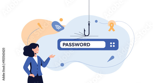 Woman looking at a 'PASSWORD' field on a fishing hook, illustrating phishing scams and cybersecurity threats to personal data.