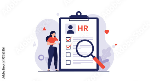 Meticulous woman examines a comprehensive human resources checklist with a magnifying glass, representing detailed recruitment and employee review processes.
