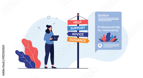 Professional woman with a tablet stands by a signpost offering "Help, Support, Advice, Guidance," indicating the pursuit of mentorship and professional development.