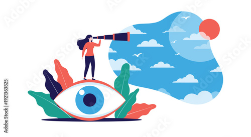 Visionary woman stands on a large eye, gazing through a telescope towards a clear, sunny sky, symbolizing foresight, future planning, and insightful vision.