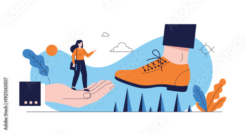 Small woman is safely supported by a giant hand while a massive foot steps on dangerous spikes below, symbolizing protection, support, and navigating risks.