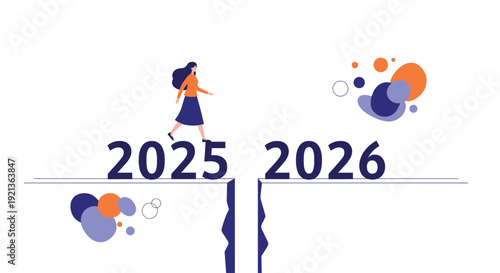 Woman confidently steps across a gap between "2025" and "2026," symbolizing transition, New Year planning, and overcoming temporal challenges.