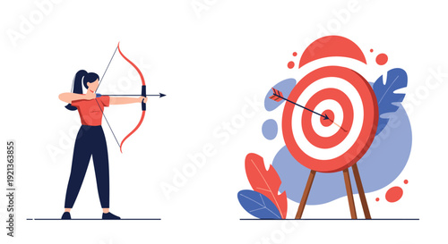 Focused woman expertly aims and shoots an arrow at a bullseye target, symbolizing precision, goal setting, and achieving strategic objectives.