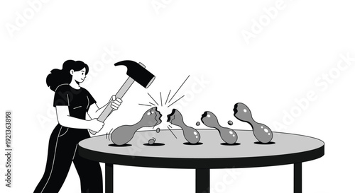 Strong woman uses a hammer to smash bowling pins on a table, symbolizing breaking barriers, overcoming challenges, and decisive action.