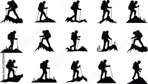 Flat vector silhouettes of hikers trekking mountains with backpacks and poles