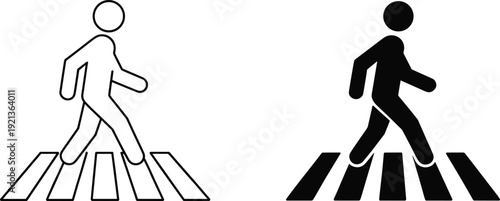 Black and White Vector Set of Pedestrian Crossing Street Icons with Solid and Outline Stick Figures Walking on Zebra Crossing for Traffic Safety Signage